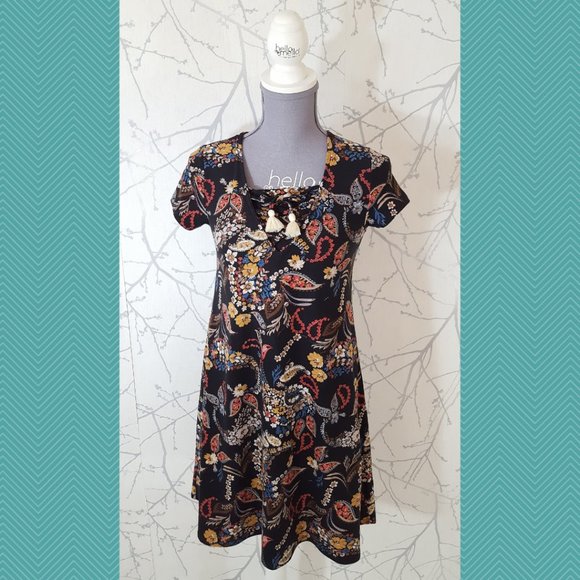 Four Threads Black Floral Print A-Line Dress w/ Tassels - Picture 1 of 6